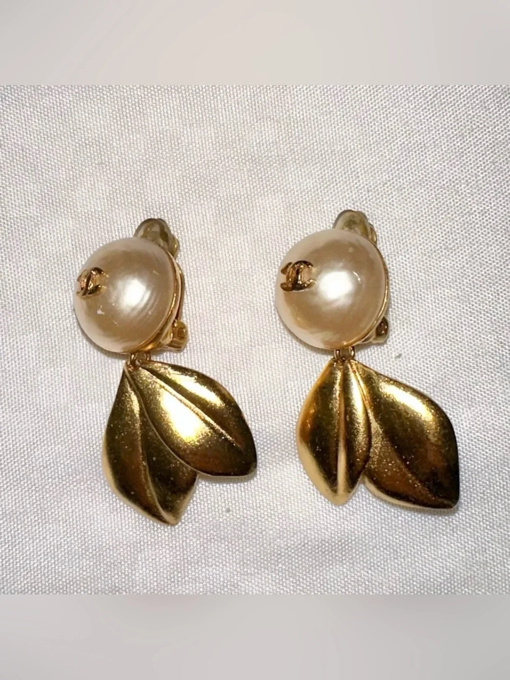 Chanel Vintage Pearl and Leaves Gold-tone Dangle Drop Clip On Statement Earrings